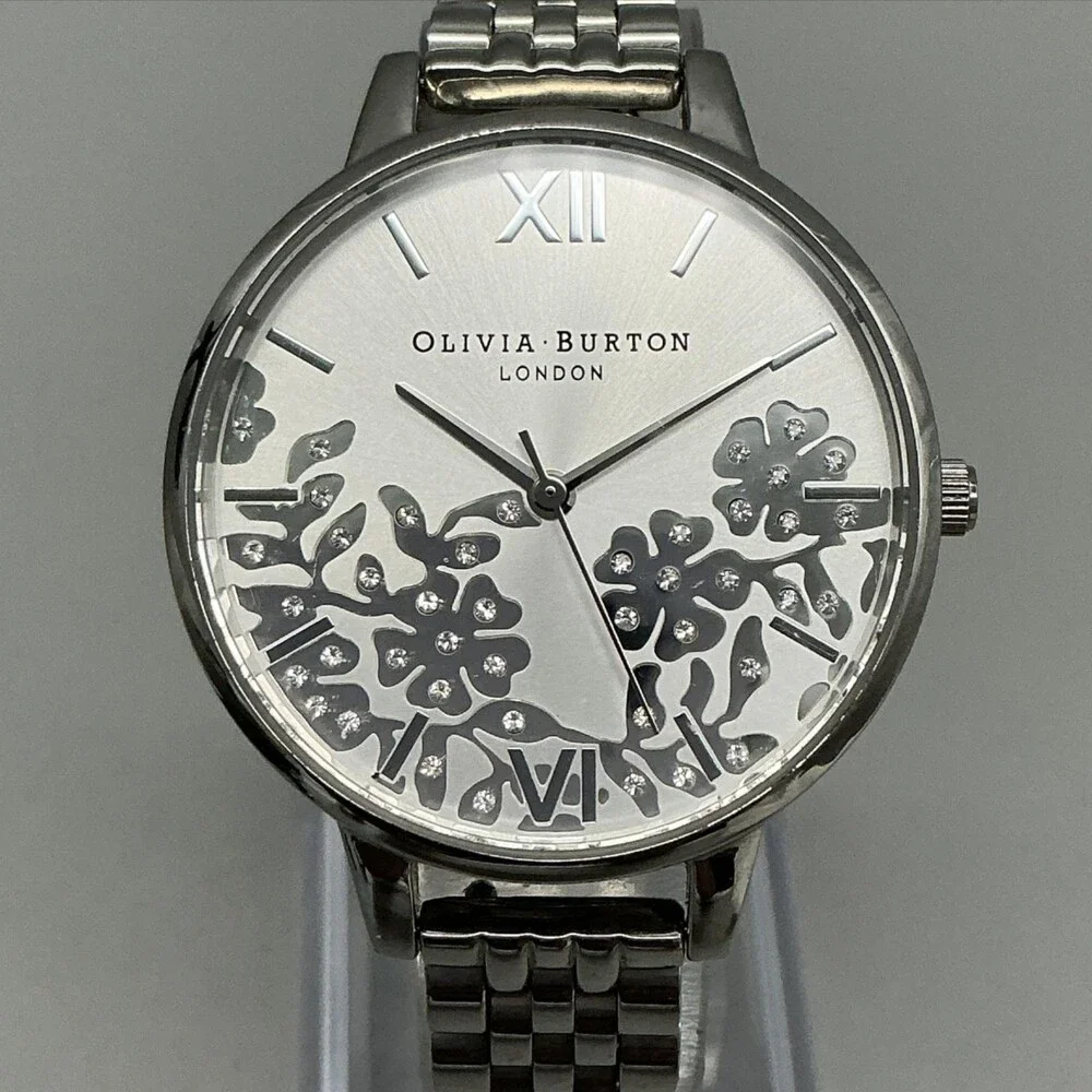 Olivia Burton Womens Watch 34mm Silver Floral Tone Bracelet New Batt 6.75